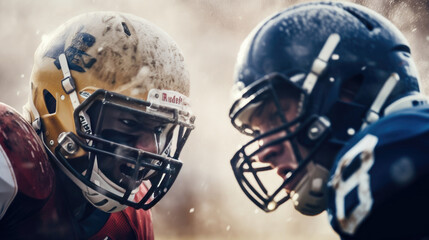 Close - up photo Two American football players in uniforms and helmets looking at each other