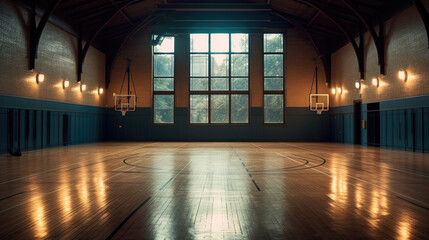 An empty indoor basketball court