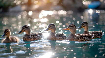 Wall Mural - A delightful photograph capturing a group of ducks paddling in crystal-clear water