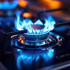 Canvas Print - A close up of a gas stove with blue flames coming out, AI