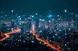 © Werckmeister - Modern wireless connection technology in smart city. Closeup dots globe with connection lines and dots over high building in business center city at night.