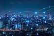 © Werckmeister - Modern wireless connection technology in smart city. Closeup dots globe with connection lines and dots over high building in business center city at night.
