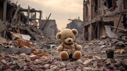 Wall Mural - A teddy bear toy over the city burned in the aftermath of war conflict