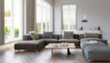 © Uuganbayar - Blurred interior of light living room with grey sofas, coffee table and big window