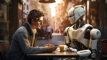 Young Man Wearing Glasses Talking To A Humanoid Robot In A Cafe. Collaboration Of The Future. Connection Between Human And Cyborg.