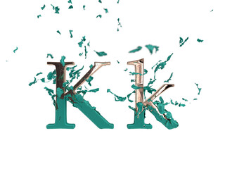 Shiny gold font letter K revealed after the tear of tiffany blue fabric. 3d render. Transparent background.