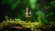 Essential oil in a glass bottle with a cork on moss background Generative AI