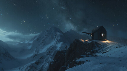 Wall Mural - modern, sleek, black carbon fiber telescope set up on a high mountain peak, surrounded by snow, unde