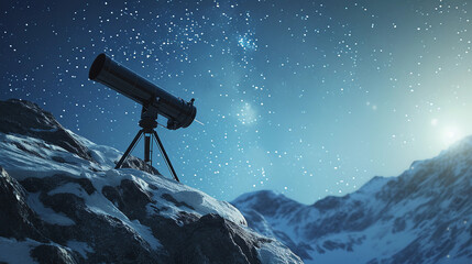 Wall Mural - modern, sleek, black carbon fiber telescope set up on a high mountain peak, surrounded by snow, unde