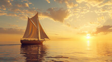 Couple Leisurely Sailing On A Small Boat At Sunset, The Warm Hues Of The Setting Sun On The Horizon, Reflecting On The Water, Creating A Romantic And Peaceful Image Of Sailing