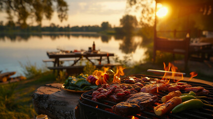 Wall Mural - barbecue scene by a lake at sunset, with a focus on the slow cooking process over an open flame, the barbecue filled with a variety of meats, vegetables on the side