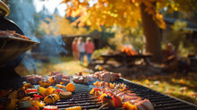 Backyard Barbecue, With A Focus On The Grill Filled With Seasonal Vegetables And Meats Being Slow-cooked Over Low Heat, Surrounded By Trees With Changing Leaves