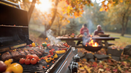 Wall Mural - backyard barbecue, with a focus on the grill filled with seasonal vegetables and meats being slow-cooked over low heat, surrounded by trees with changing leaves