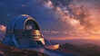 professional astronomical observatory at twilight, featuring a large dome with a massive telescope inside, the telescope's lens focused on a distant nebula, with the Milky Way clearly visible in the b