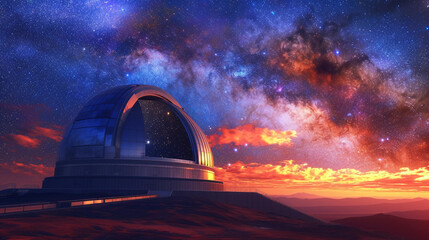 Wall Mural - professional astronomical observatory at twilight, featuring a large dome with a massive telescope i
