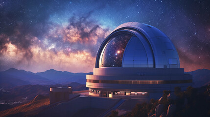 Wall Mural - professional astronomical observatory at twilight, featuring a large dome with a massive telescope inside, the telescope's lens focused on a distant nebula, with the Milky Way clearly visible in the b