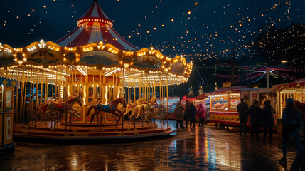 Wall Mural - thousands of twinkling lights, reflections on a carousel, crowds enjoying the festive atmosphere, detailed views of food vendors