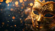  Venetian carnival theater flyer or banner, golden mask on dark background and bokeh with space for text