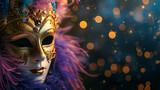 Fototapeta  - theatrical flyer or banner for the Venice carnival, mask on a dark background with space for text with bokeh