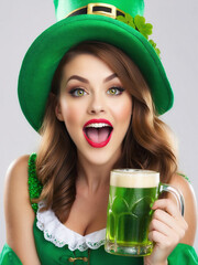 a woman with green hair, themed clothing, representing st. patrick's day is shown happily holding gr