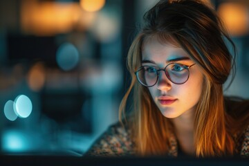 Wall Mural - Woman With Glasses Looking at Laptop