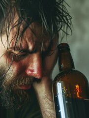 Canvas Print - A man with a beard and a bottle of beer. Generative AI.