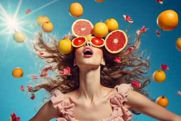 Wall Mural - pretty young woman in sunglasses with flying fruits ,who enjoying summer on sky background