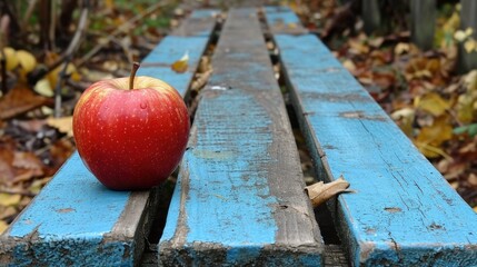 Sticker - A single red apple sitting on a blue bench in the fall, AI