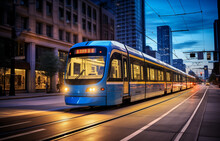 Modern Tram Moving Through The City At Twilight
