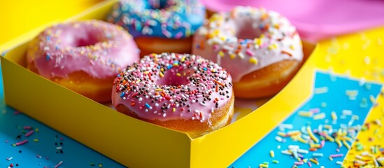 Poster - Triple Delight: Decorated Donuts in a Yellow Box on a Vibrant Background