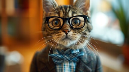 Canvas Print - A cat wearing glasses and a suit with bow tie, AI