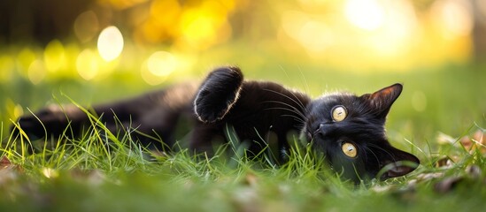 Adorable Black Cat Playing Happily in the Park