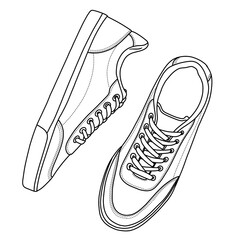 Technical sketch drawing of Mens Low Top Sneaker Classic Casual Sneakers, suitable for your custom Leather Tennis Shoes design, outline vector doodle illustration, top and side view isolated on white 