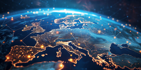 Wall Mural - abstract digital map of western europe, concept of european global network and connectivity, data tr