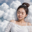 An Asian Woman In A White Top Sleeps On Soft Comfortable Clouds, Illustration