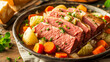 Traditional Corned Beef And Cabbage With Potatoes And Carrots Garnished With Parsley