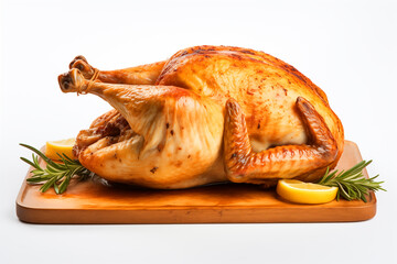 Whole roasted chicken against white background. Grilled chicken on dish..