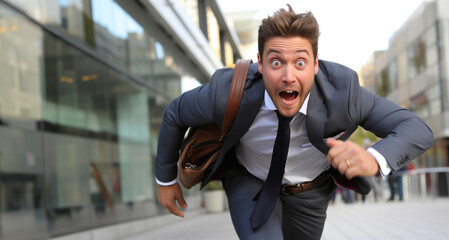 Wall Mural - Excited business man with briefcase running in the city street.