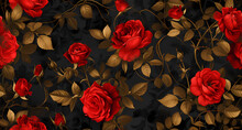 Red Roses On A Black Background With Gold