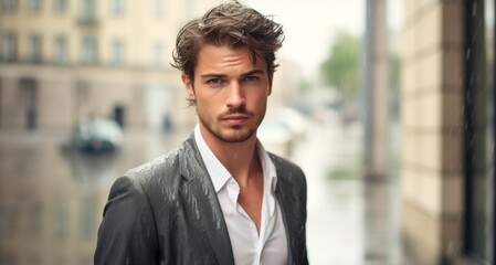 Portrait of a handsome young man in urban setting. Man looking at camera.