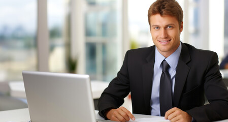 Handsome businessman sitting at desk in office and working on laptop