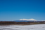 Fototapeta  - 雪が残る春の畑作地帯と雪山　大雪山
