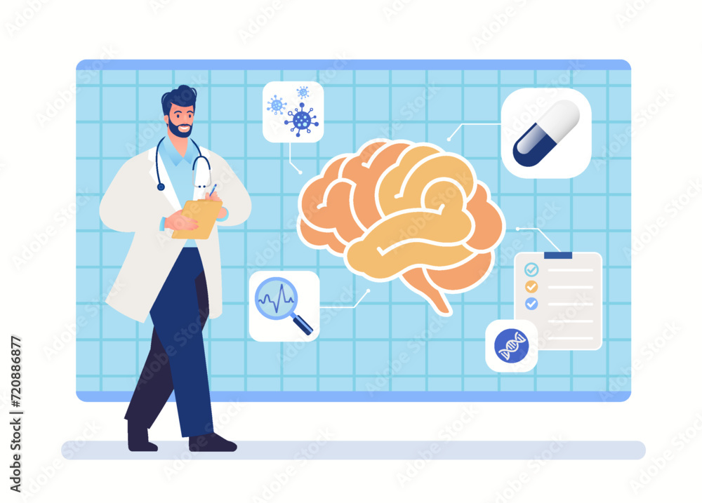 Human brain study flat vector illustration. Examination of brain ...