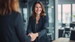 © Sasint - Happy mid aged business woman manager handshaking greeting client in office. Smiling female executive making successful deal with partner shaking hand at work standing at meeting table.