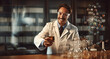 Scientist in lab coat and eyeglasses is holding flask and smiling while working in the laboratory