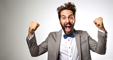 Wall Mural - excited young business man celebrating success over gray background. Success concept