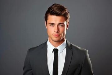 Wall Mural - Portrait of a handsome young man in black suit on grey background