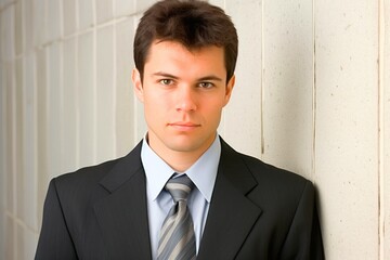 Wall Mural - Portrait of a young businessman leaning against a wall with serious expression