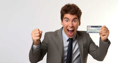 Wall Mural - Portrait of a happy young businessman holding credit card on white background.