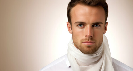 Wall Mural - Portrait of a handsome young man with a white scarf around his neck